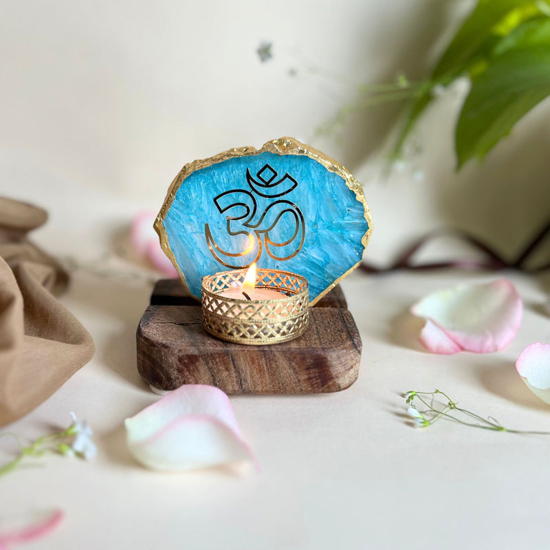 Buy Om Handcrafted Agate Religious Accent With Tealight Candle Holder - Turquoise Candle Holders from Vaaree