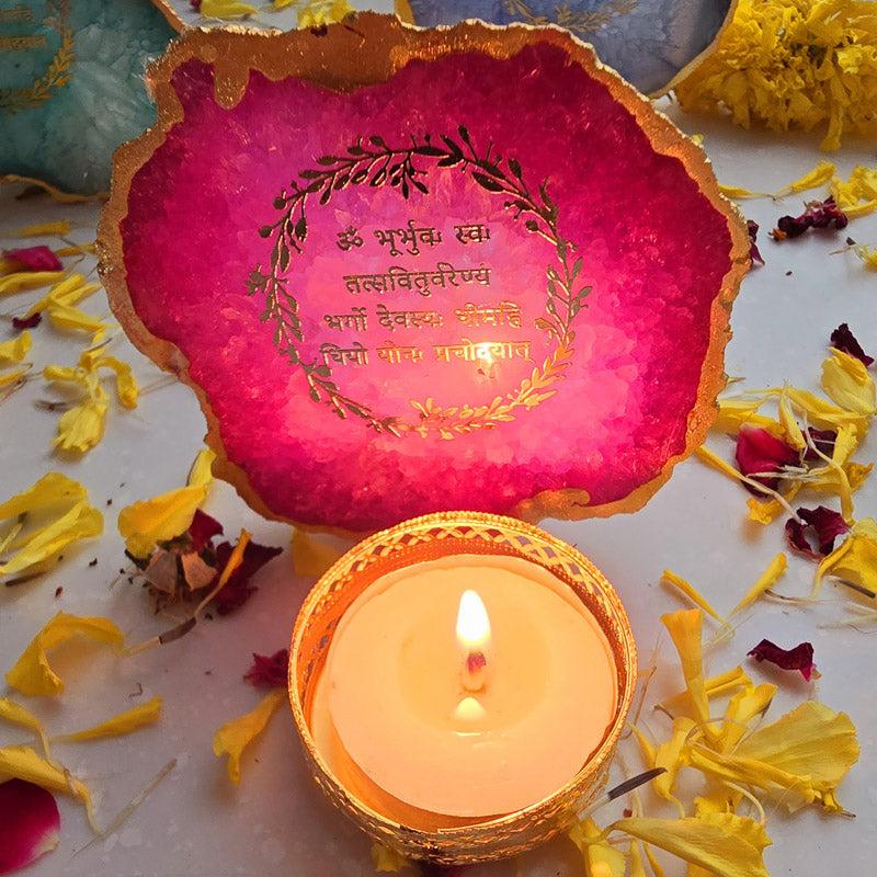 Buy Festive Gayatri Mantra Agate Tealight Candle Holder - Pink Gift Box from Vaaree