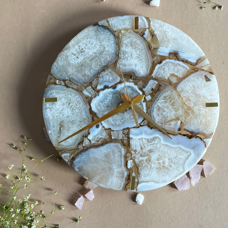 Wall Clock - Obelia Handcrafted Agate Wall Clock - White