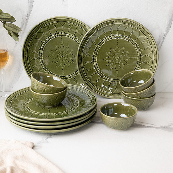 Buy Ekta Dinnerware (Moss Green) - Twelve Piece Set Dinner Set from Vaaree