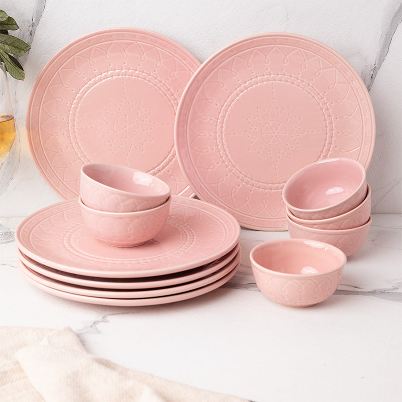 Buy Ekta Dinnerware (Pink) - Twelve Piece Set Dinner Set from Vaaree