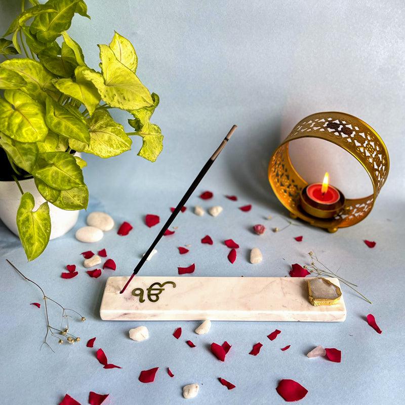 Buy In Onkar Marble Incense Holder With Agate Plating - White Incense Holders from Vaaree