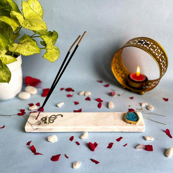 Buy In Onkar Marble Incense Holder With Agate Plating - Turquoise Blue Incense Holders from Vaaree