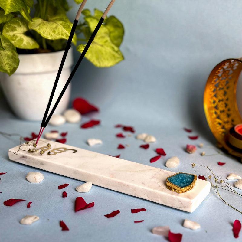 Buy In Onkar Marble Incense Holder With Agate Plating - Turquoise Blue Incense Holders from Vaaree