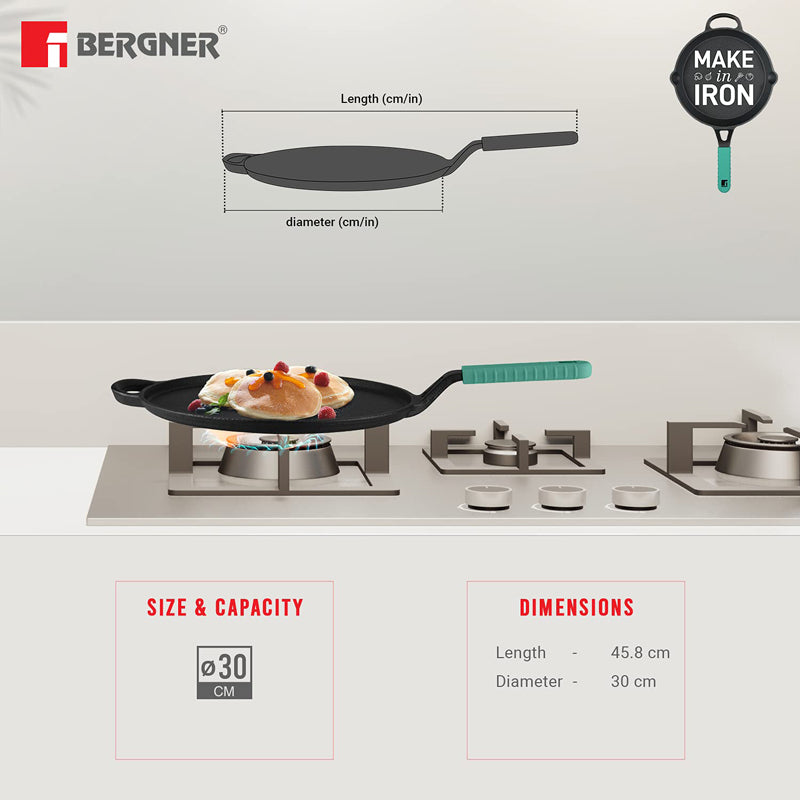 Buy Bergner Elements Pre-Seasoned Cast Iron Tawa (Teal) - 30 CM Dosa Tawa from Vaaree