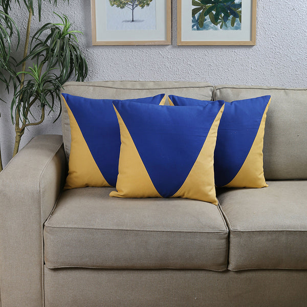 The Acute Triangles Cushion Cover (Blue & Beige) - Set Of Three
