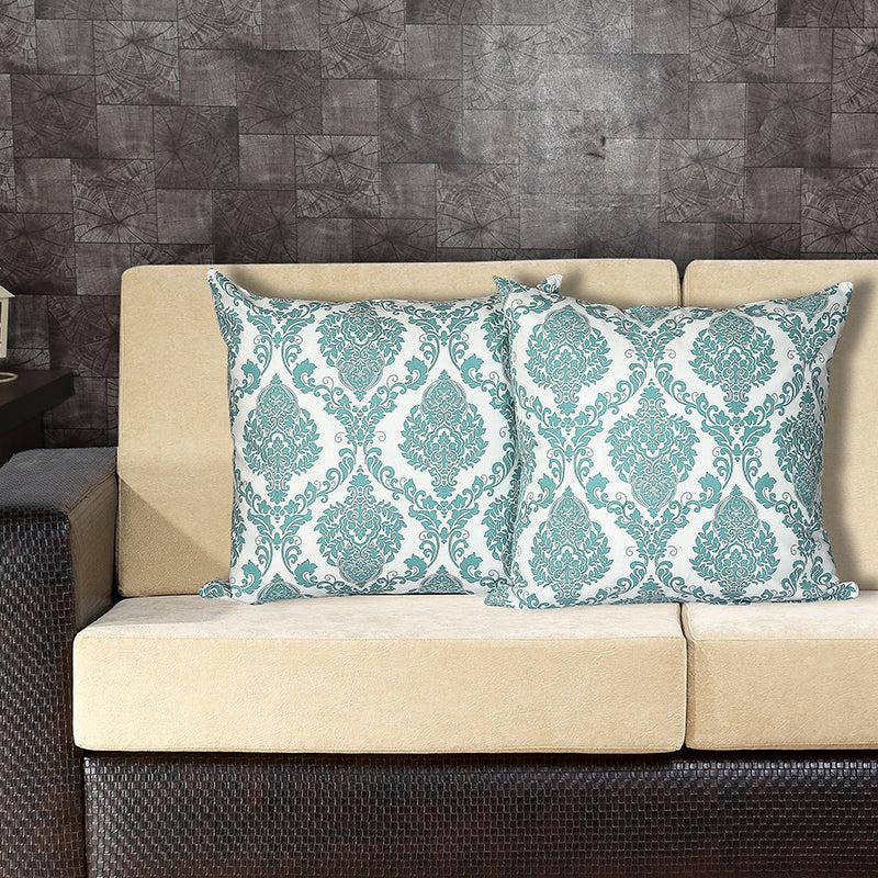 Buy Tameira Jacquered Motif Printed Cushion Cover (Teal) - Set Of Two Cushion Covers from Vaaree