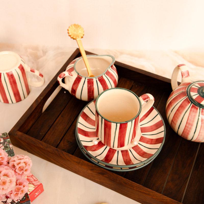 Buy Crimson Stripe Tea Set - Tea Cup & Saucer from Vaaree