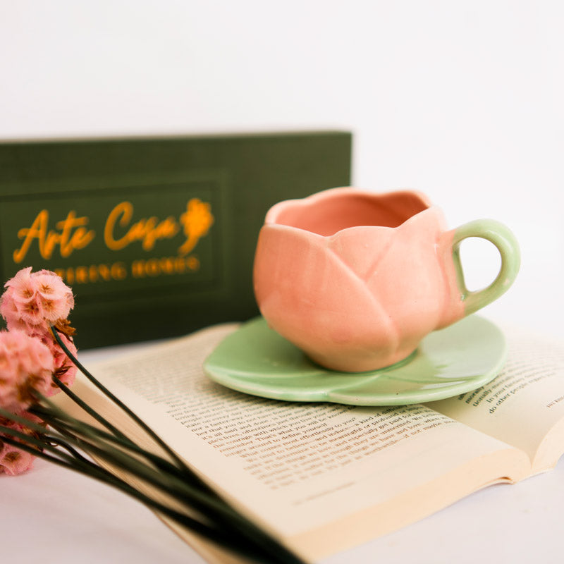 Buy Tulip Glaze Pink & Green Mug & Saucer (300 Ml) - Two Piece Set Gift Box from Vaaree