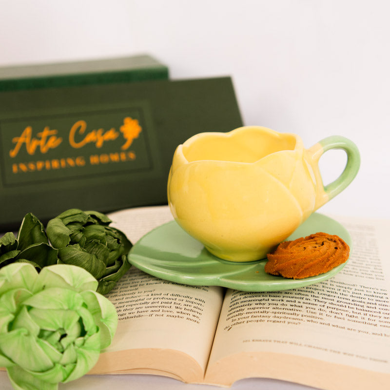 Buy Tulip Glaze Yellow & Green Mug & Saucer (300 Ml) - Two Piece Set Gift Box from Vaaree