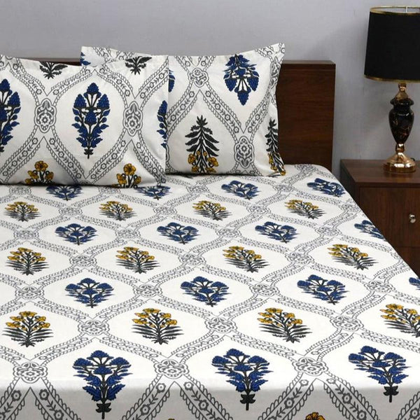 Buy Chavvi Ethnic Bedsheet - White & Blue Bedsheets from Vaaree