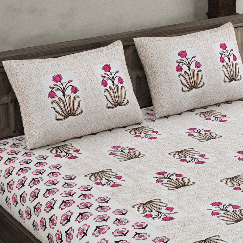 Buy Kansi Printed Bedsheet - White & Pink Bedsheets from Vaaree