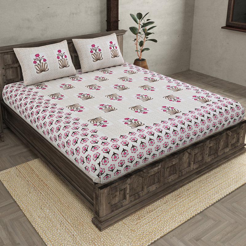 Buy Kansi Printed Bedsheet - White & Pink Bedsheets from Vaaree