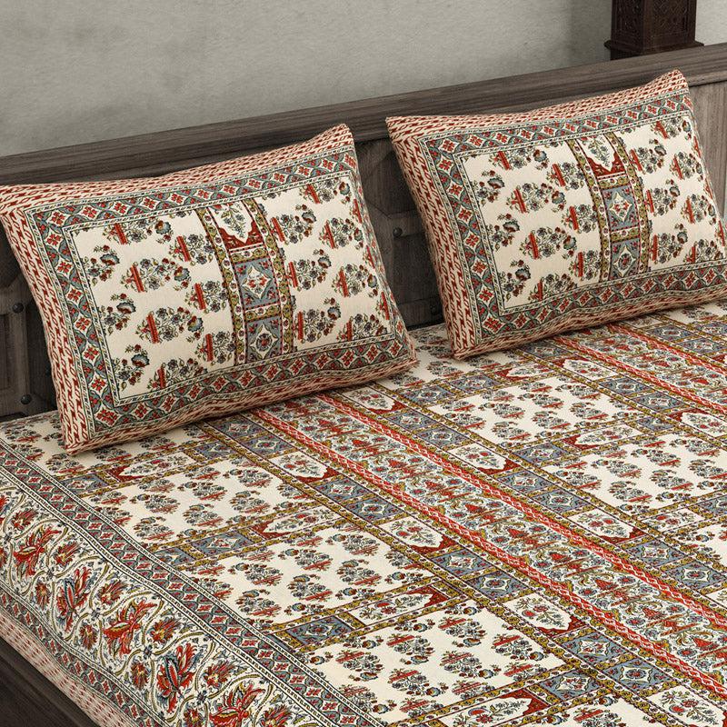 Buy Soujanya Ethnic Printed Bedsheet - Beige & Red Bedsheets from Vaaree