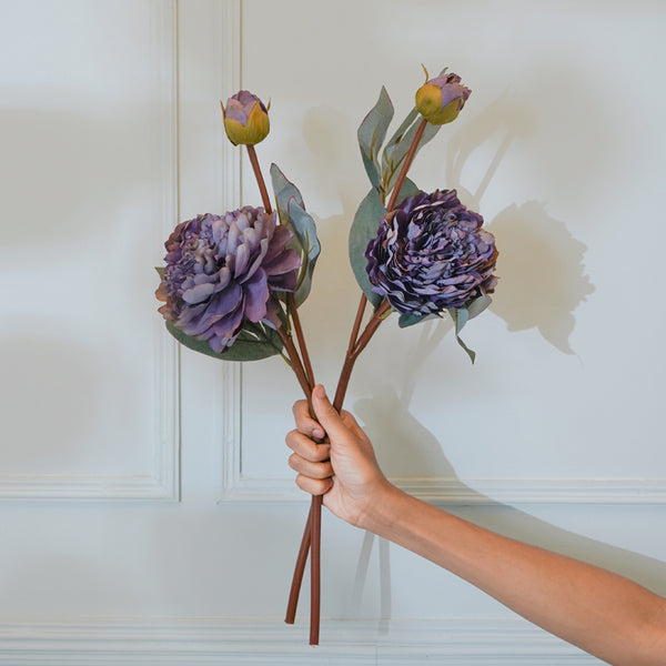 Faux Purple Autumn Peony Flower Stick (22 CM) - Set Of Two