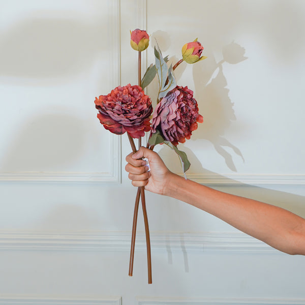 Faux Red Autumn Peony Flower Stick (22 CM) - Set Of Two