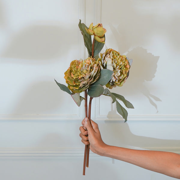Faux Green Autumn Peony Flower Stick (22 CM) - Set Of Two