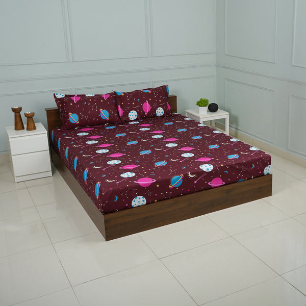 Buy Galaxy Ride Kids Neon Print Bedsheet - Maroon Bedsheets from Vaaree