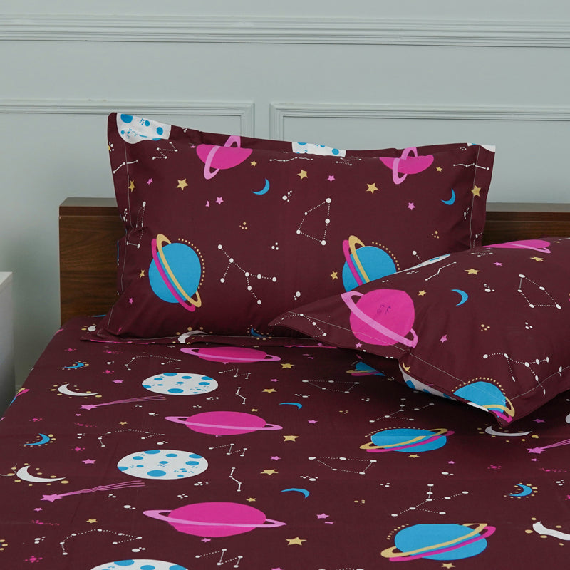 Buy Galaxy Ride Kids Neon Print Bedsheet - Maroon Bedsheets from Vaaree