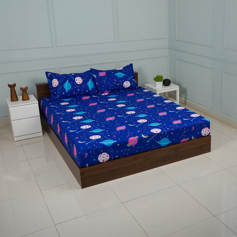 Buy Galaxy Ride Kids Neon Print Bedsheet - Blue Bedsheets from Vaaree