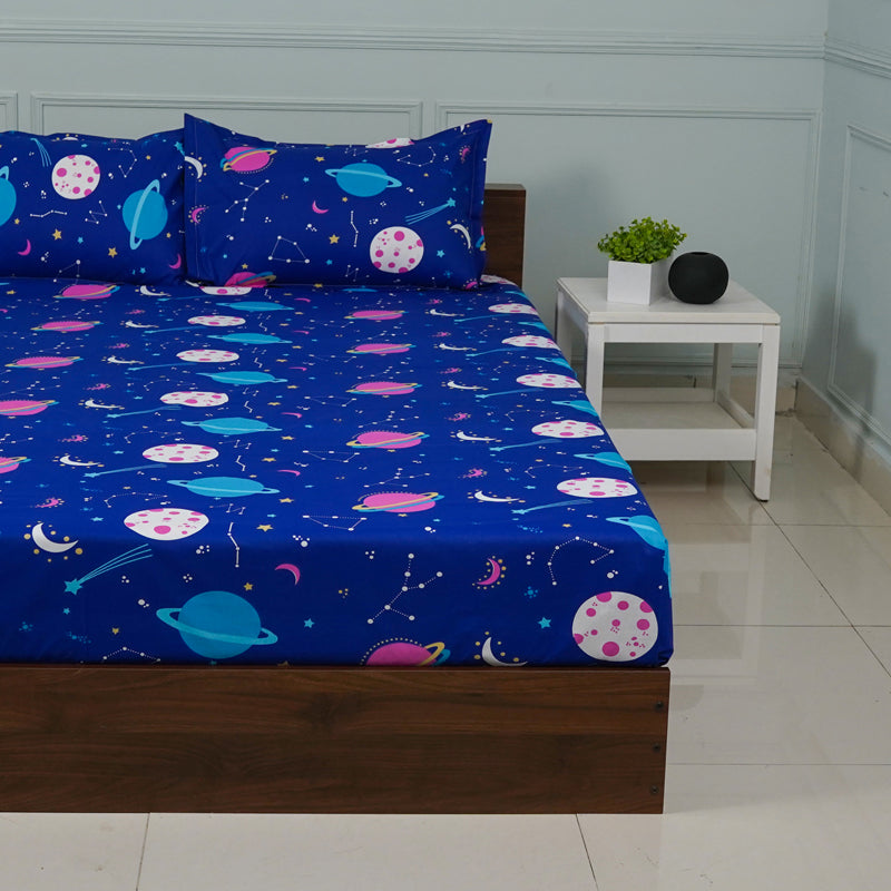 Buy Galaxy Ride Kids Neon Print Bedsheet - Blue Bedsheets from Vaaree