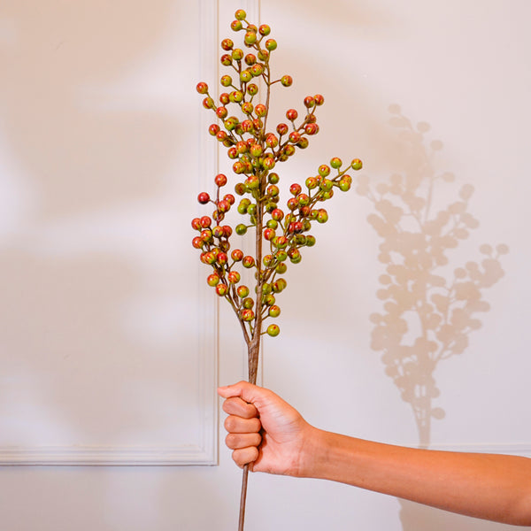 Faux Cherry Flower Stick (Olive Green) - 32 CM