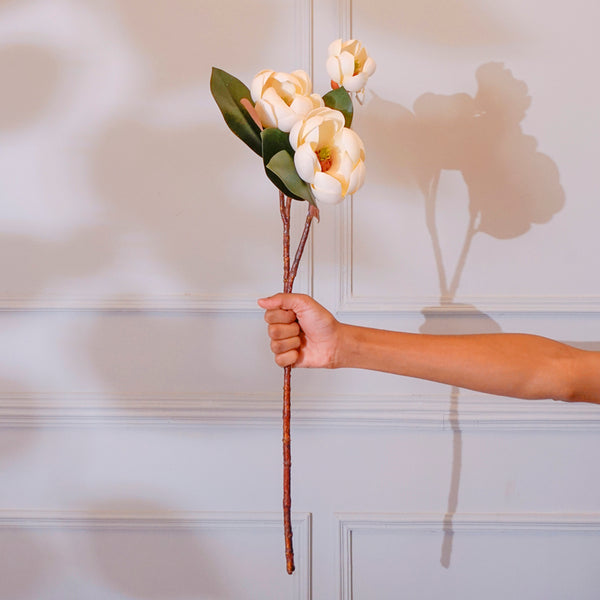 Faux Magnolia Flower Stick With Leaves (White) - 28 CM