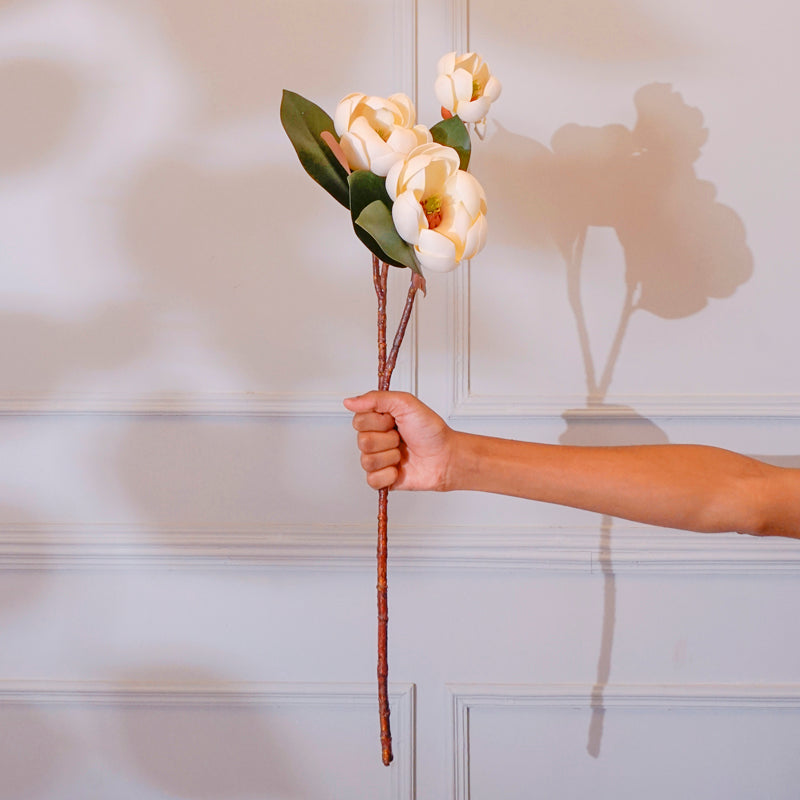 Buy Faux Magnolia Cherry Blossom Flower Stick With Leaves (White) - 28 CM Artificial Flowers from Vaaree