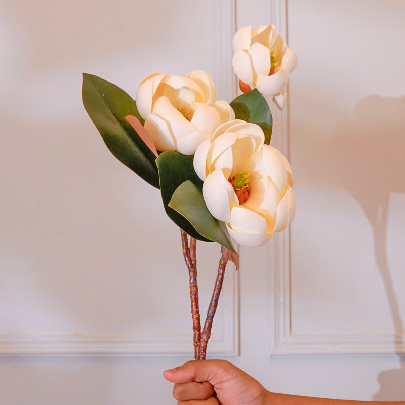 Buy Faux Magnolia Cherry Blossom Flower Stick With Leaves (White) - 28 CM Artificial Flowers from Vaaree