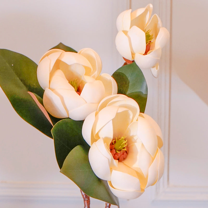 Buy Faux Magnolia Cherry Blossom Flower Stick With Leaves (White) - 28 CM Artificial Flowers from Vaaree