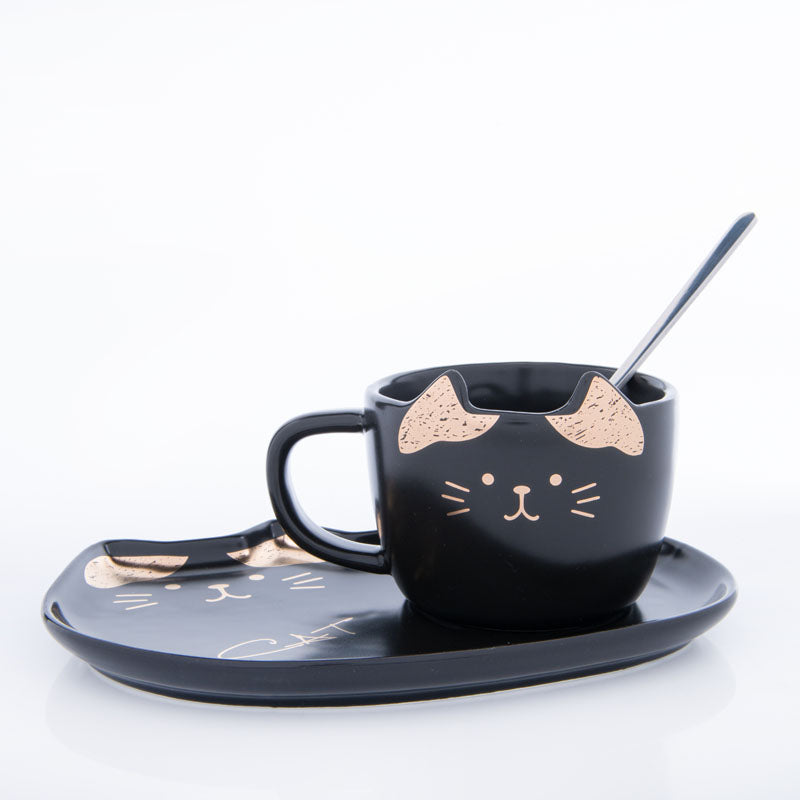 Buy Whisker Tales Black Mug & Snack Plate (200 ML) - Three Piece Set Tea Cup & Saucer from Vaaree