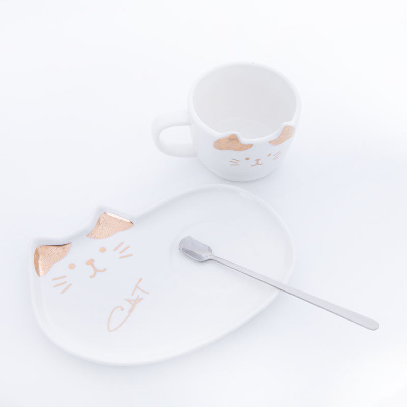 Buy Whisker Tales White Mug & Snack Plate (200 ML) - Three Piece Set Tea Cup & Saucer from Vaaree