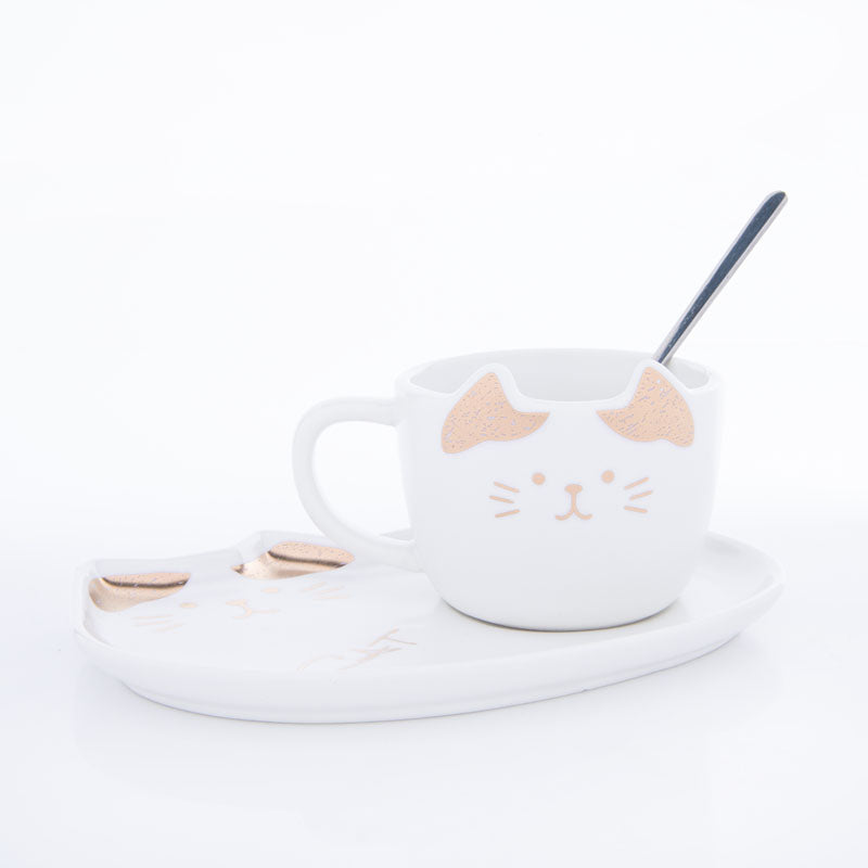 Buy Whisker Tales White Mug & Snack Plate (200 ML) - Three Piece Set Tea Cup & Saucer from Vaaree