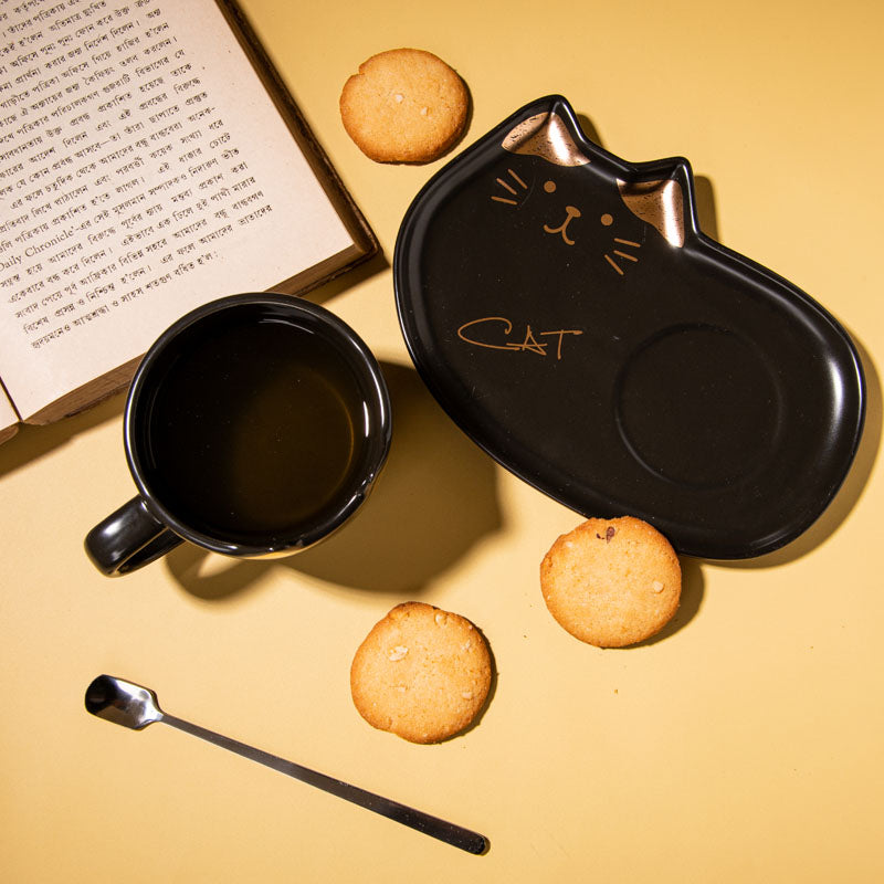 Buy Whisker Tales Black Mug & Snack Plate (200 ML) - Three Piece Set Tea Cup & Saucer from Vaaree