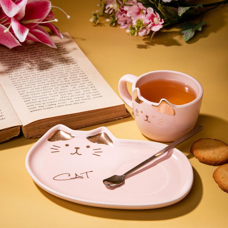 Buy Whisker Tales Pink Mug & Snack Plate (200 ML) - Three Piece Set Tea Cup & Saucer from Vaaree