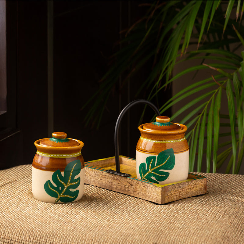 Buy Leafy Shade Handpainted Jar With Tray - Three Piece Set Jar from Vaaree