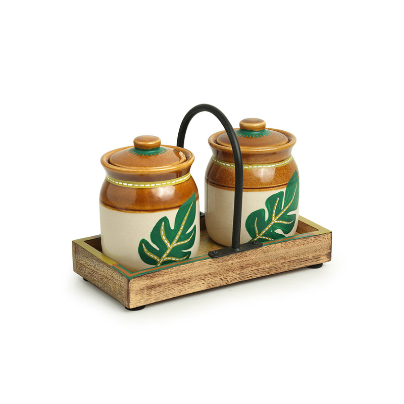 Buy Leafy Shade Handpainted Jar With Tray - Three Piece Set Jar from Vaaree