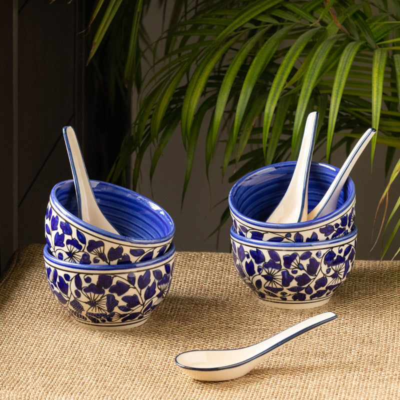 Buy Bagheecha Blue Handpainted Soup Bowl With Spoon (380 ML) - Eight Piece Set Bowl from Vaaree