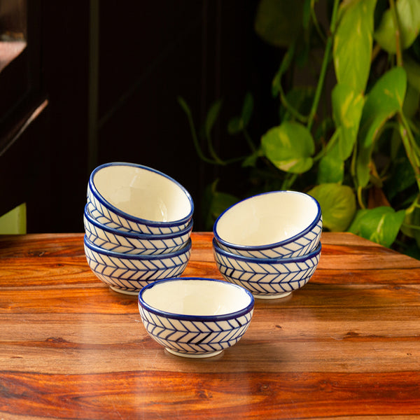 Indigo Chevron Handpainted Snack Bowl (160 ML) - Set Of Six