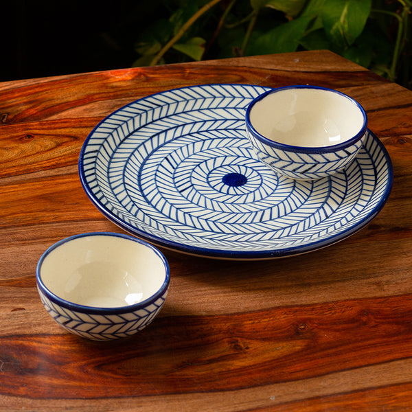 Indigo Chevron Handpainted Dinner Set - Three Piece Set