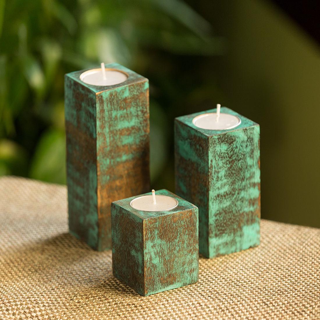 Buy Teal Cubo Tealight Candle Holder - Set Of Three Tea Light Candle Holders from Vaaree