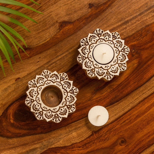 Buy Flora Bright Hand Carved Tealight Candle Holder - Set Of Four Tea Light Candle Holders from Vaaree