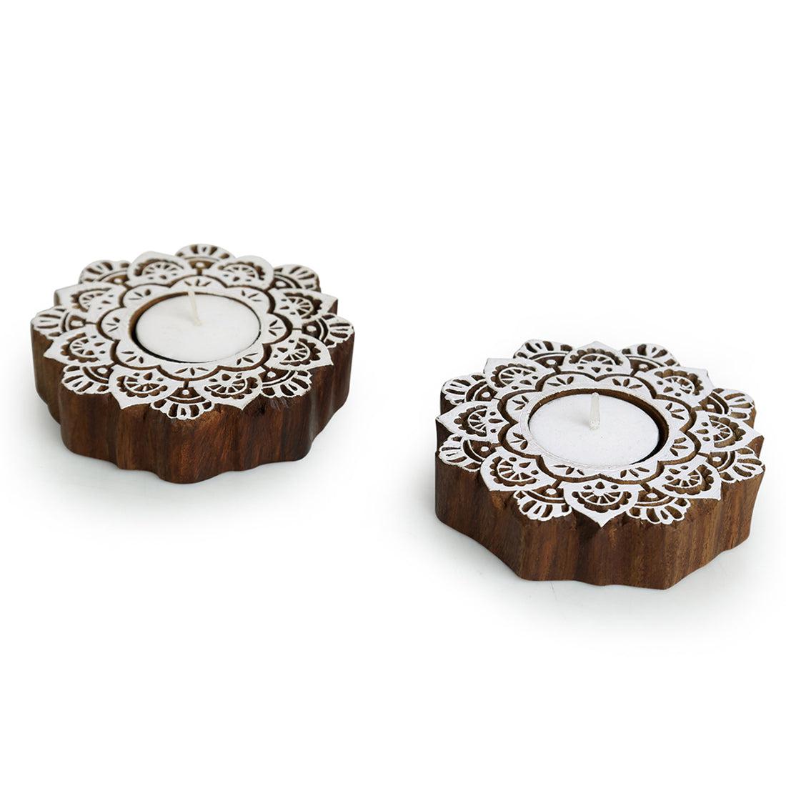 Buy Flora Bright Hand Carved Tealight Candle Holder - Set Of Four Tea Light Candle Holders from Vaaree