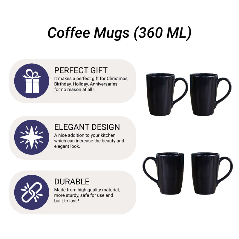 Mug & Tea Cup - Kasper Black Ceramic Mug (360 ML) - Set Of Four