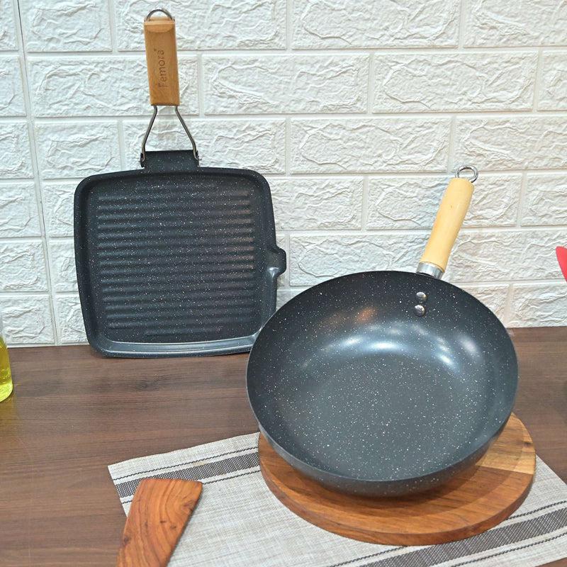 Buy Helaine Non Stick Carbon Steel Wok & Pancake Pan - Two Piece Set Cookware Sets from Vaaree