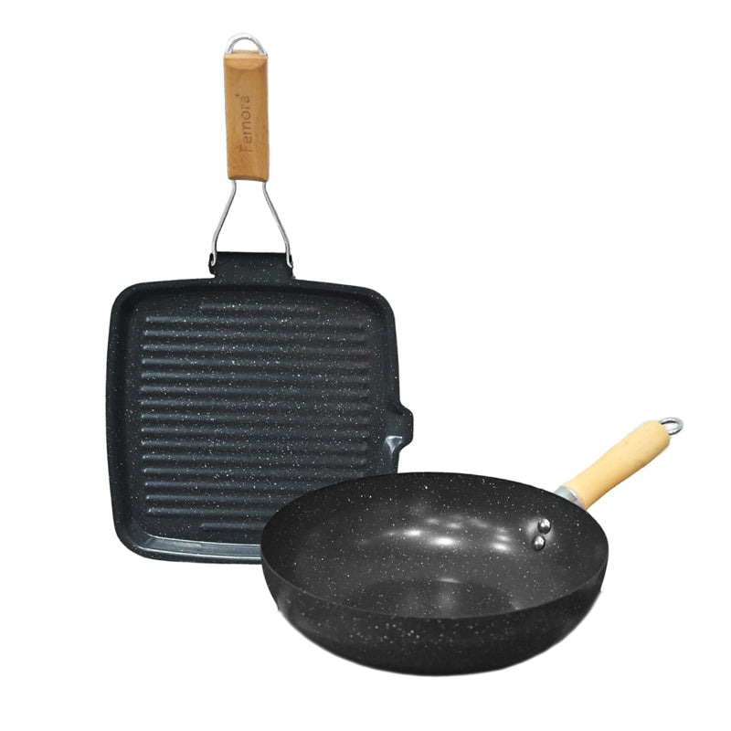 Buy Helaine Non Stick Carbon Steel Wok & Pancake Pan - Two Piece Set Cookware Sets from Vaaree