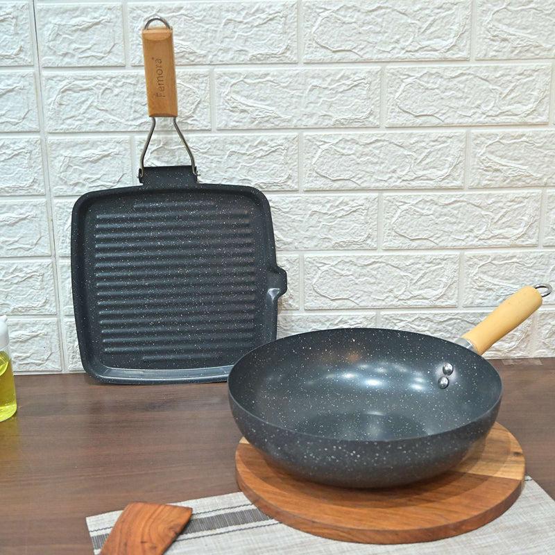 Buy Helaine Non Stick Carbon Steel Wok & Pancake Pan - Two Piece Set Cookware Sets from Vaaree