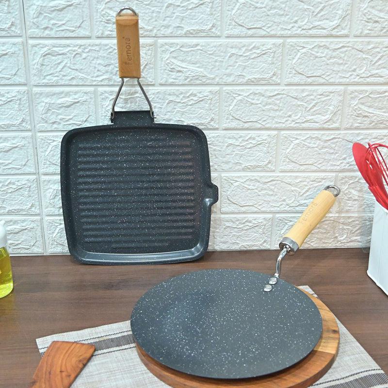 Buy Helaine Non Stick Carbon Steel Roti Tawa & Grill Pan - Two Piece Set Cookware Sets from Vaaree