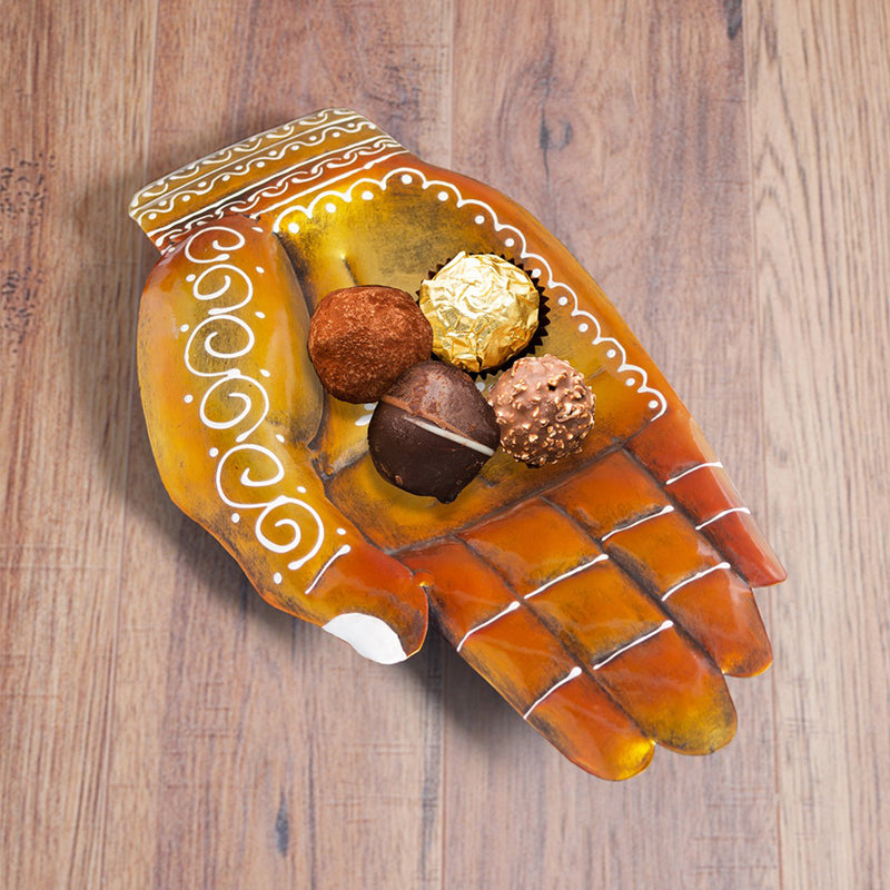 Trinket Tray - Handpainted Yellow Mehendi Hand Trinket Tray