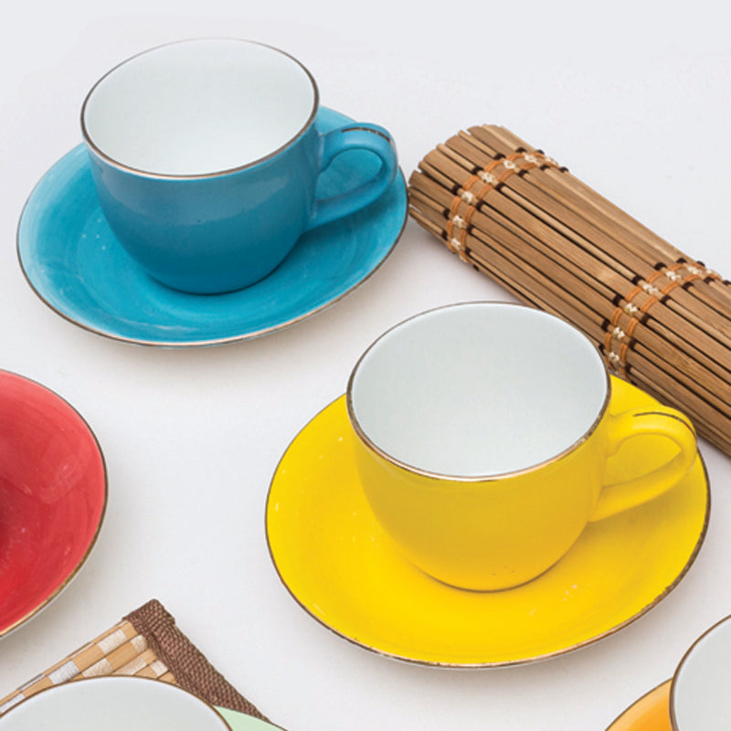 Tea Cup & Saucer - Eros Chroma Multicolor Cup (100 ML) - Twelve Piece Set